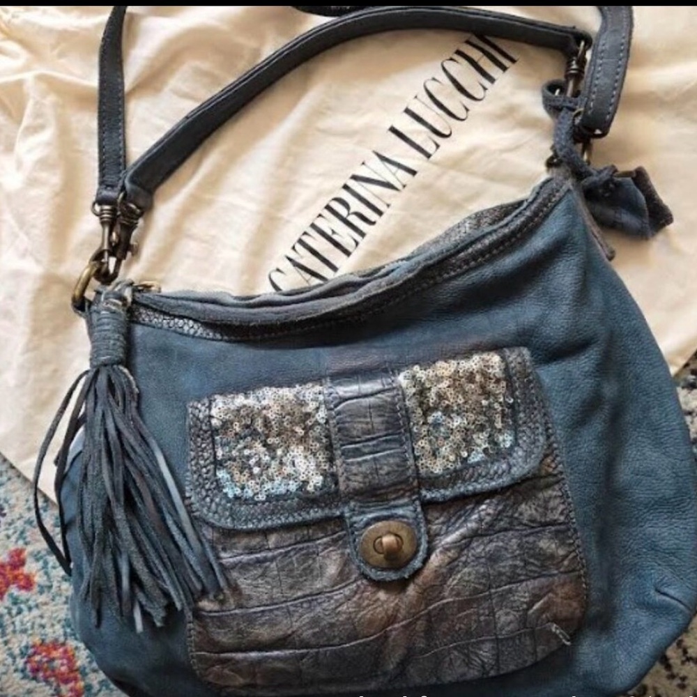 Caterina Lucchi Blue Leather Sequin Hobo Bag Made in Italy Crossbody